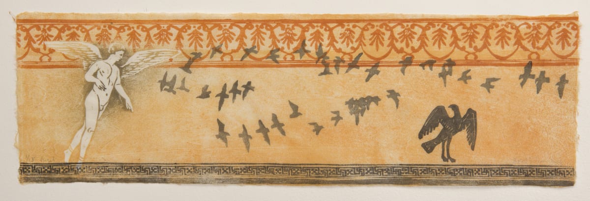 Angel (with griffin) (ed 18) by April Vollmer  Image: Roman angel with birds flying across printed ochre ground, an unrolled ceramic pot