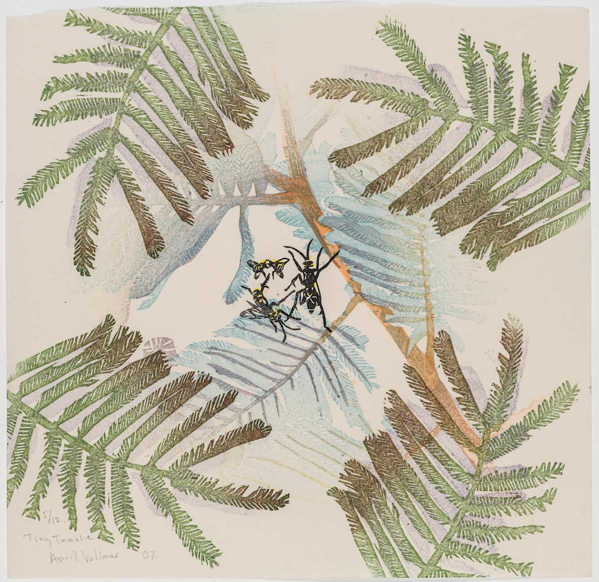 Tiny Tumble by April Vollmer  Image: little wasps from Japan and a rotating pattern of acacia fronds made for another print (small file Paul Takeuchi)