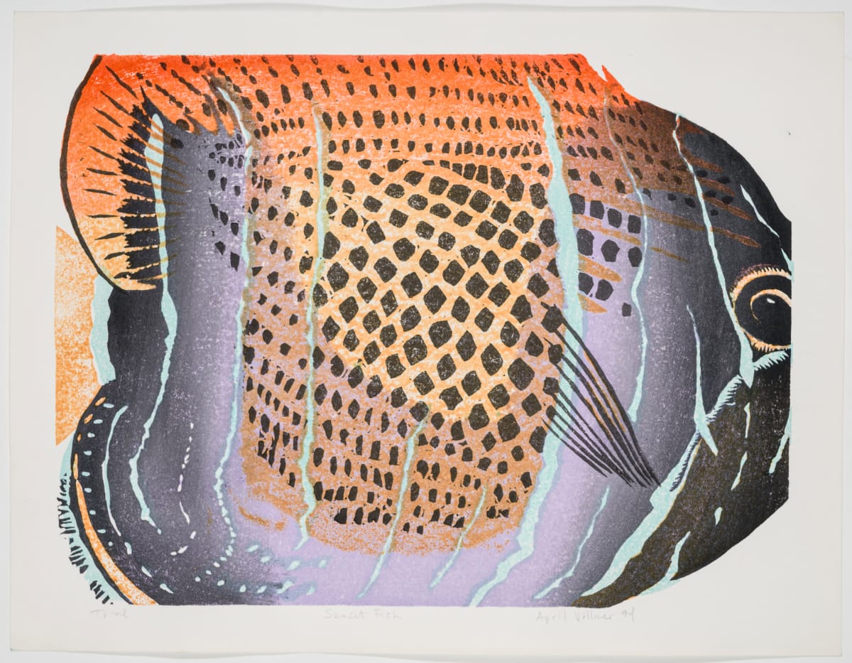 Sunset Fish by April Vollmer  Image: fish with the colors and patterns of a sunset, the first print I made with Bill Paden
