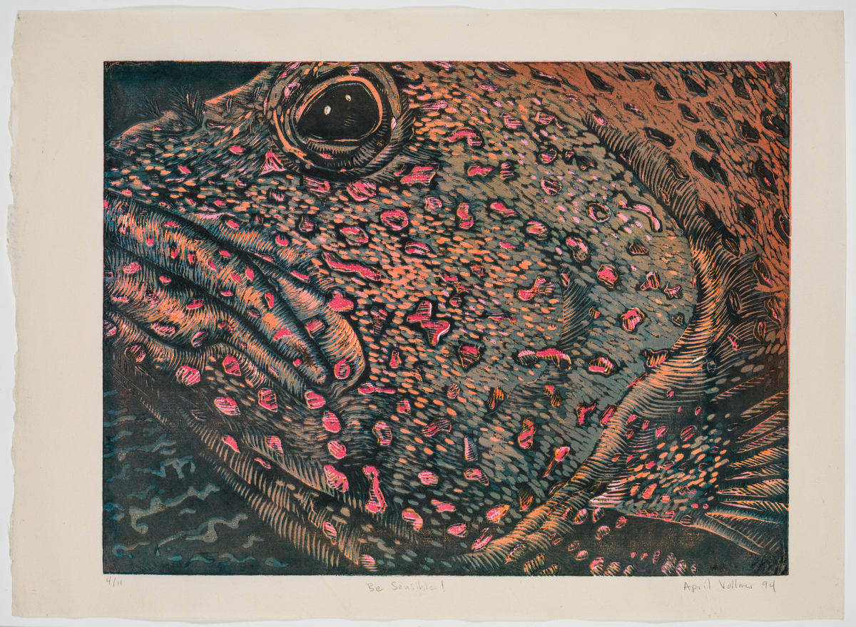 Be Sensible (Be Serious) by April Vollmer  Image: many layers of color, perversely beginning with red and building up patterns of this grouper