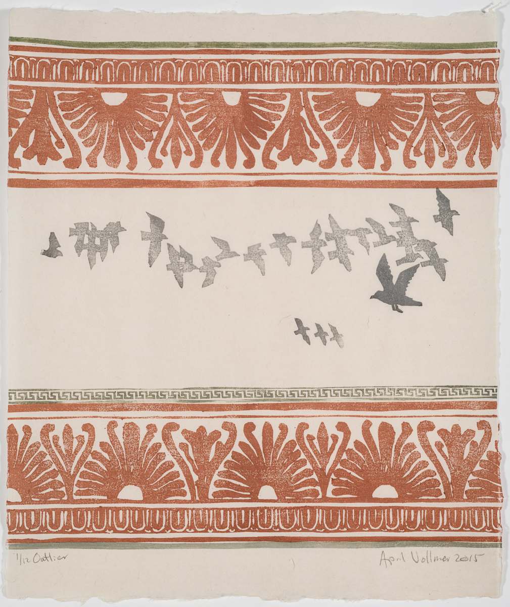 Vesuvius Series: Outlier by April Vollmer  Image: flying bird pattern with Greek fret from pottery