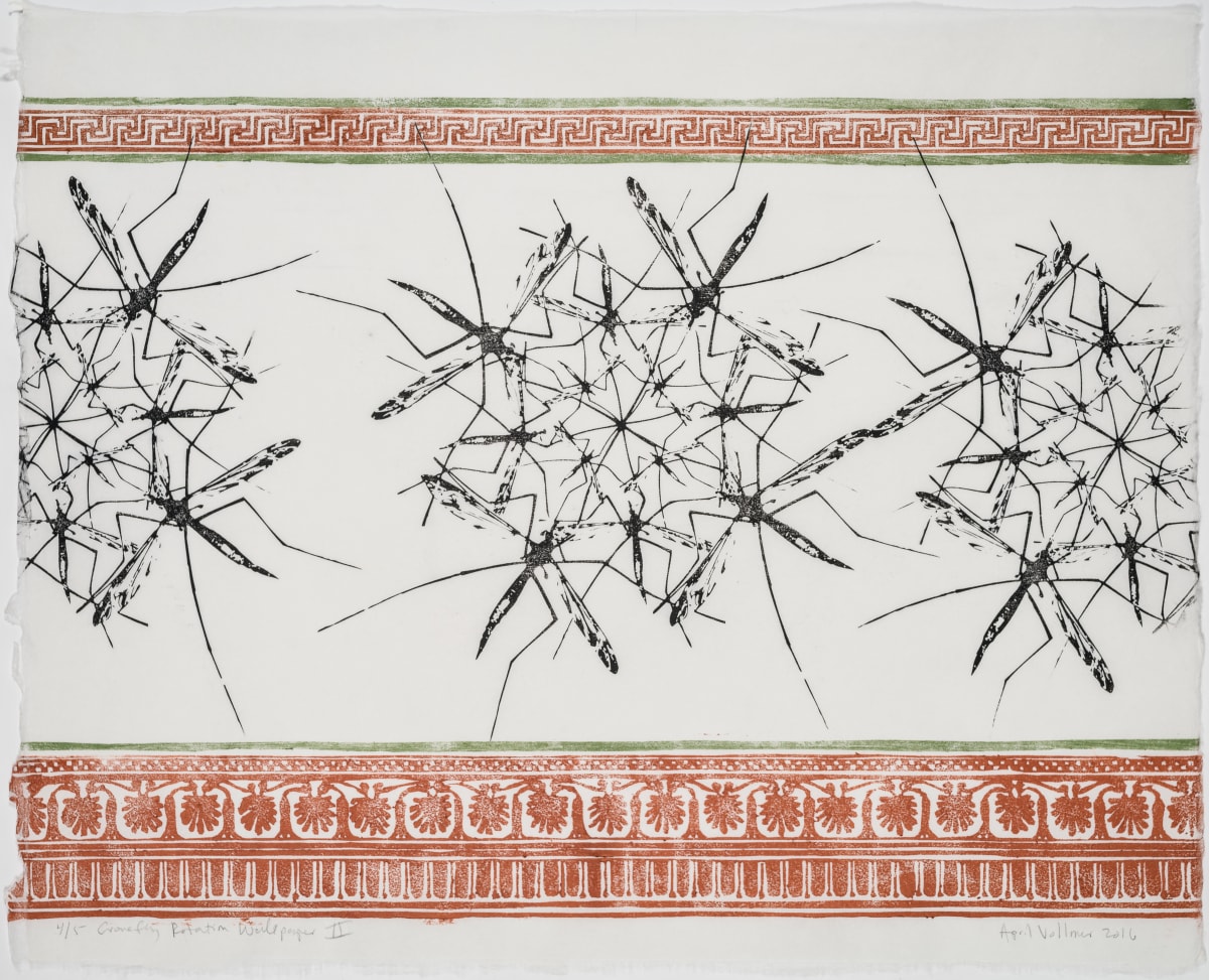 Cranefly Rotation Wallpaper II by April Vollmer  Image: laser cut pattern of craneflies printed with Greek fret patterns