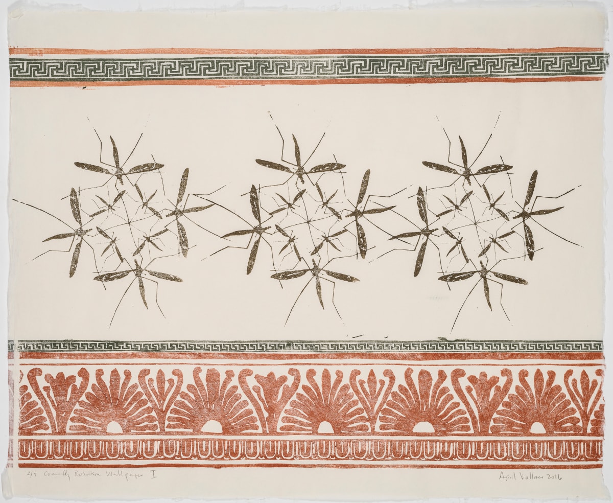 Cranefly Rotation Wallpaper I by April Vollmer  Image: laser cut cranefly patterns with Greek fret patterns in green and orange