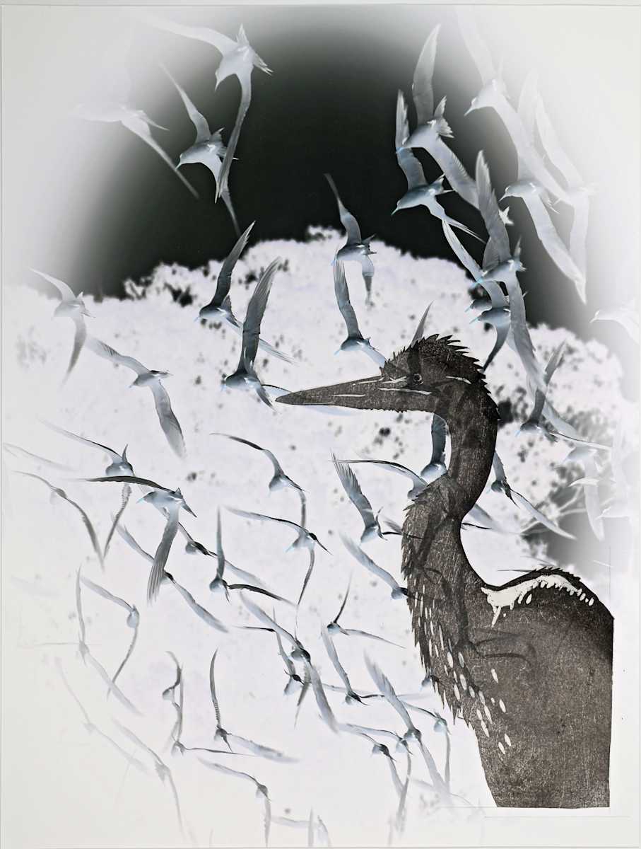 Heron with Flying Terns by April Vollmer 