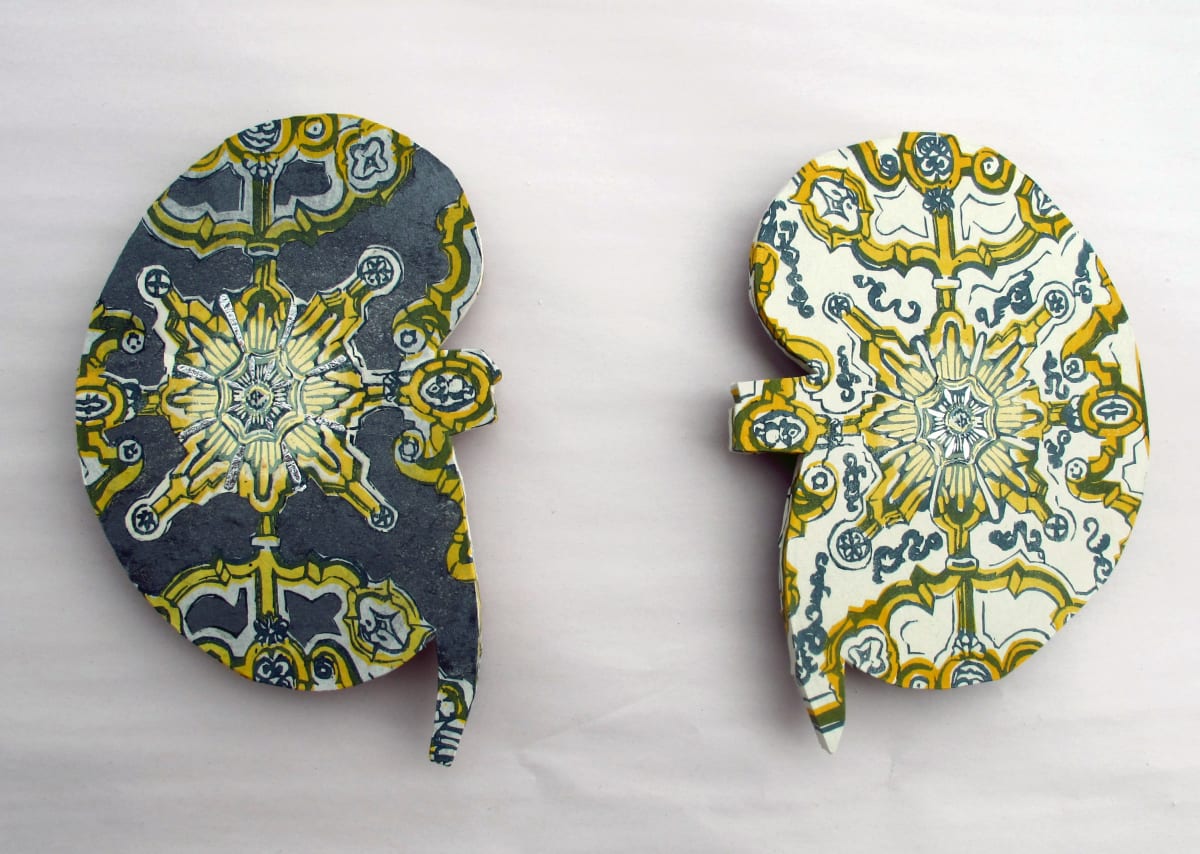 Night Kidney and Day Kidney by April Vollmer  Image: set of two kidneys, one dark, one light, woodcuts mounted on shaped wood