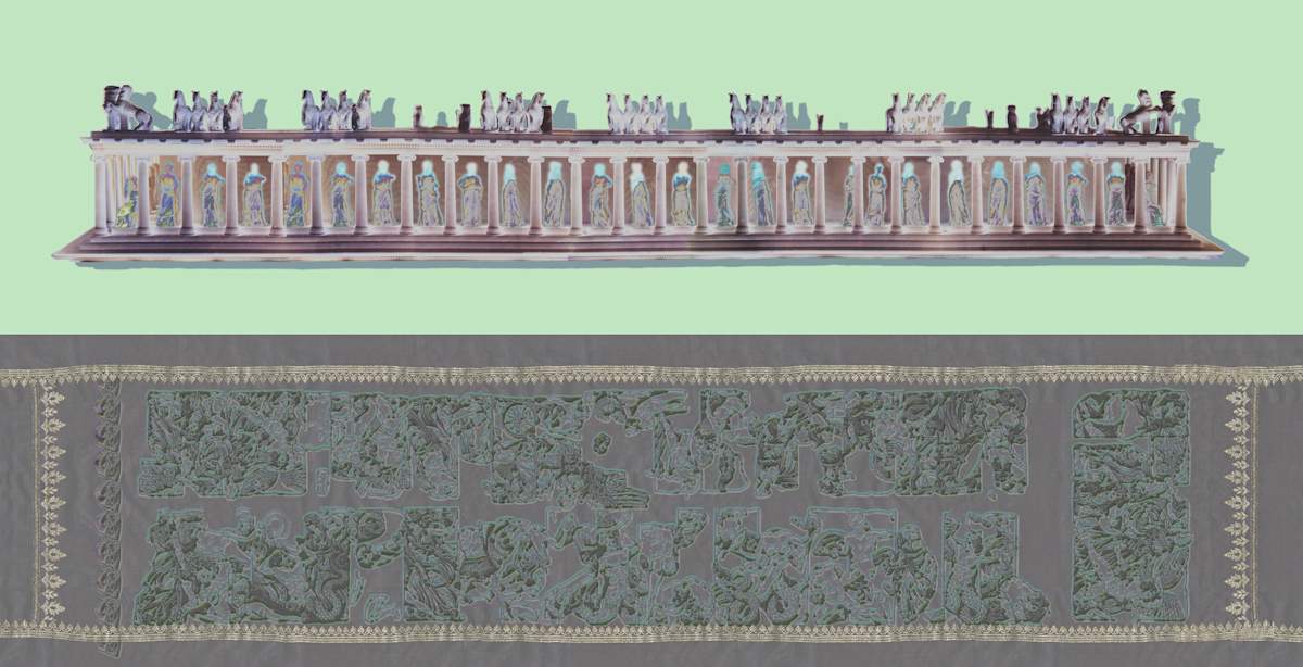Slaves of Pergamon (pink scroll) by April Vollmer  Image: jpeg of 10 x 20 inch both front and back of Pink Altar, Slaves of Pergamon (not printed)
