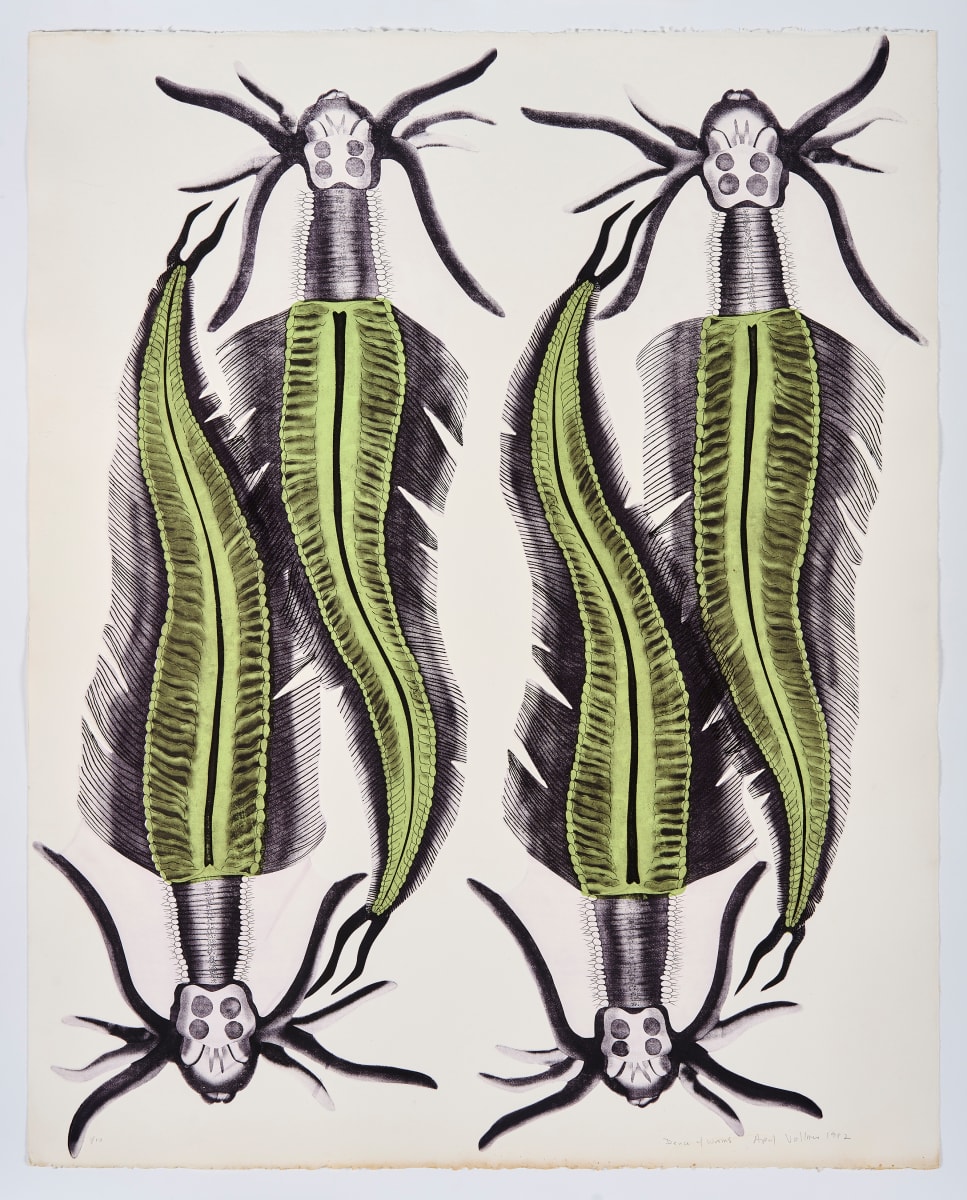 Deuce of Worms by April Vollmer  Image: double worms printed twice; two plates reversed and printed again, echoing, segmented sea worms