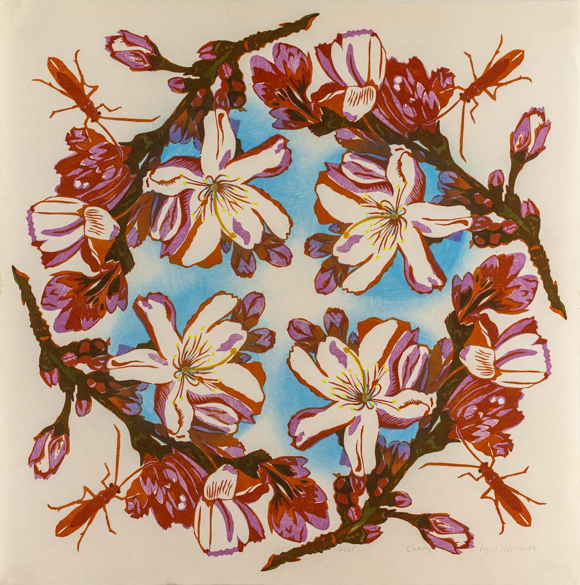 Cherry (ed 25) by April Vollmer  Image: small cherry block printed four times to create a circle
