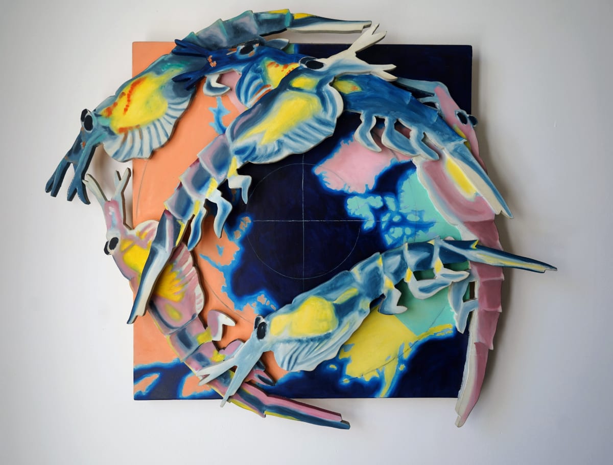 Circumpolar Navigation (krill) by April Vollmer  Image: food for whales, krill--at the base of the food chain--circulate around a map of the north pole