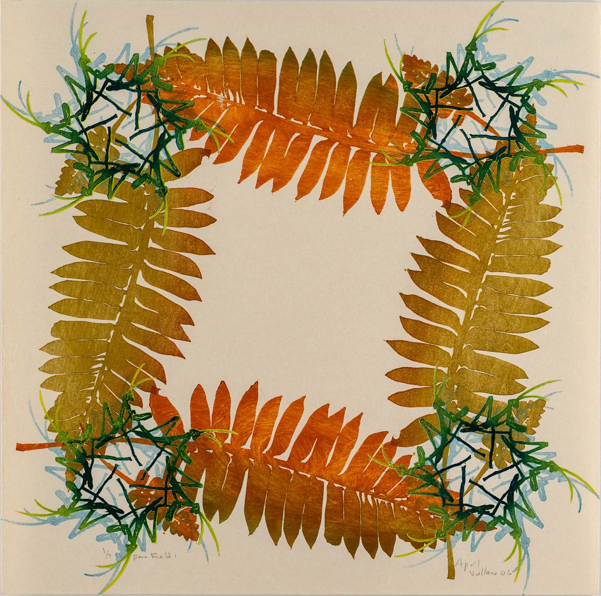 Fern Field 1, white (ed7) by April Vollmer  Image: ferns with radial patterns of baby preying mantises, seen at VCCA