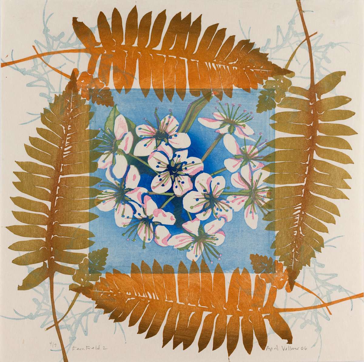 Fern Field 2, Blue (ed 7) by April Vollmer  Image: ferns, mantises and cherry blossoms circling