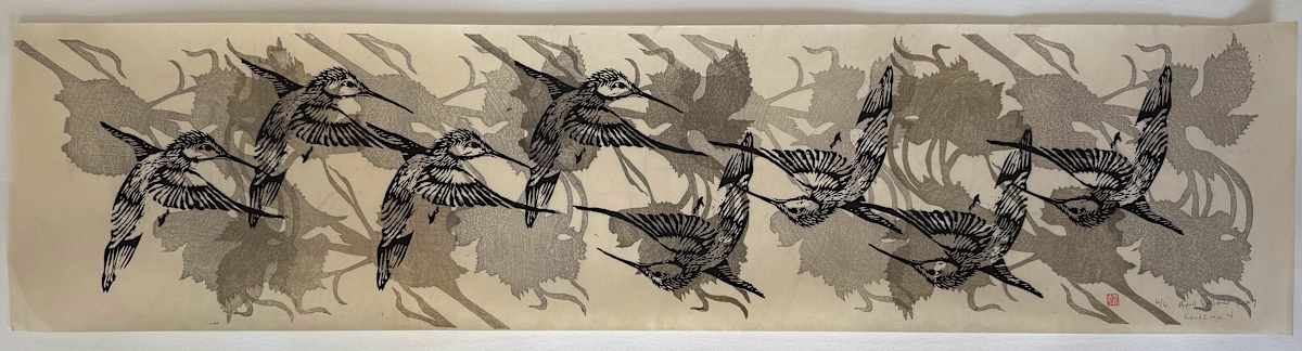 Landscape Series #4 (vine/hummingbird) by April Vollmer  Image: Landscape 4 (vine/hummingbirds), 6/6, sekishu mounted mokuhanga on gampi washi (6/6 sold)