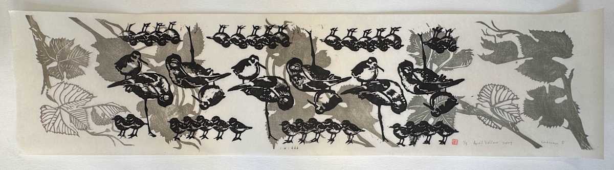Landscape Series #8, (vine/peep) by April Vollmer  Image: 1/3 2007 Landscape Series #8, 37 x 9 inches, (black-necked stilt and peep) woodcut on gampi; edition of three all mounted on sekishu at Moonlight Press, Oakland