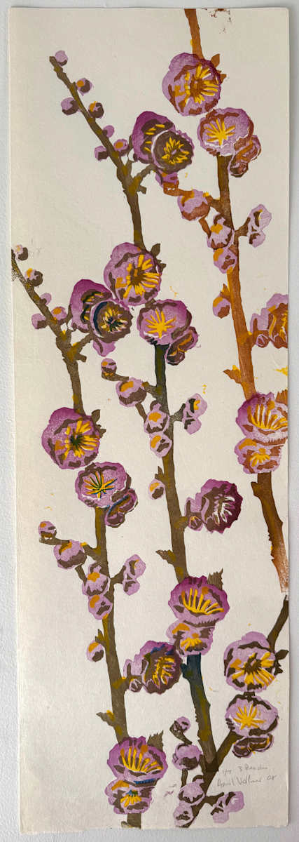 3 Peach Stems (flowering branches, white background) (ed 7) by April Vollmer  Image: three flowering peach branches printed on double weight washi