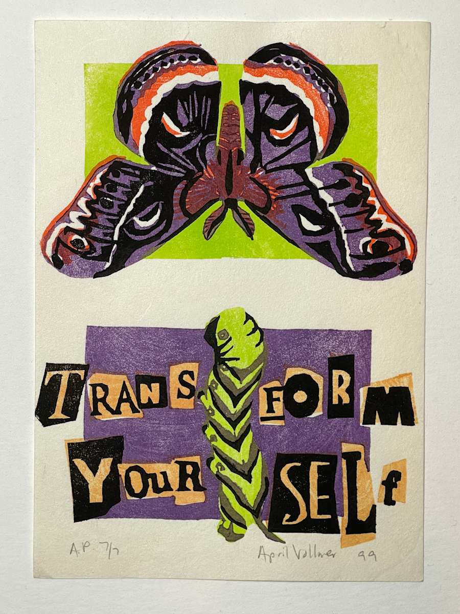 Transform Yourself by April Vollmer  Image: moth transformed from caterpillar with text from cutup newspapers, like a ransom note