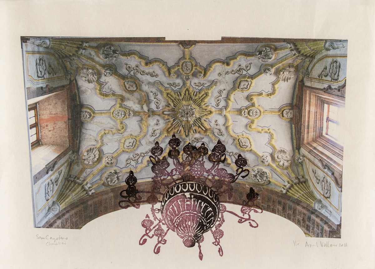 Chandelier (San Cayetano) in another space (ed 10) by April Vollmer  Image: reconciling woodcut and digital space, woodcut chandelier in a stretched, different space