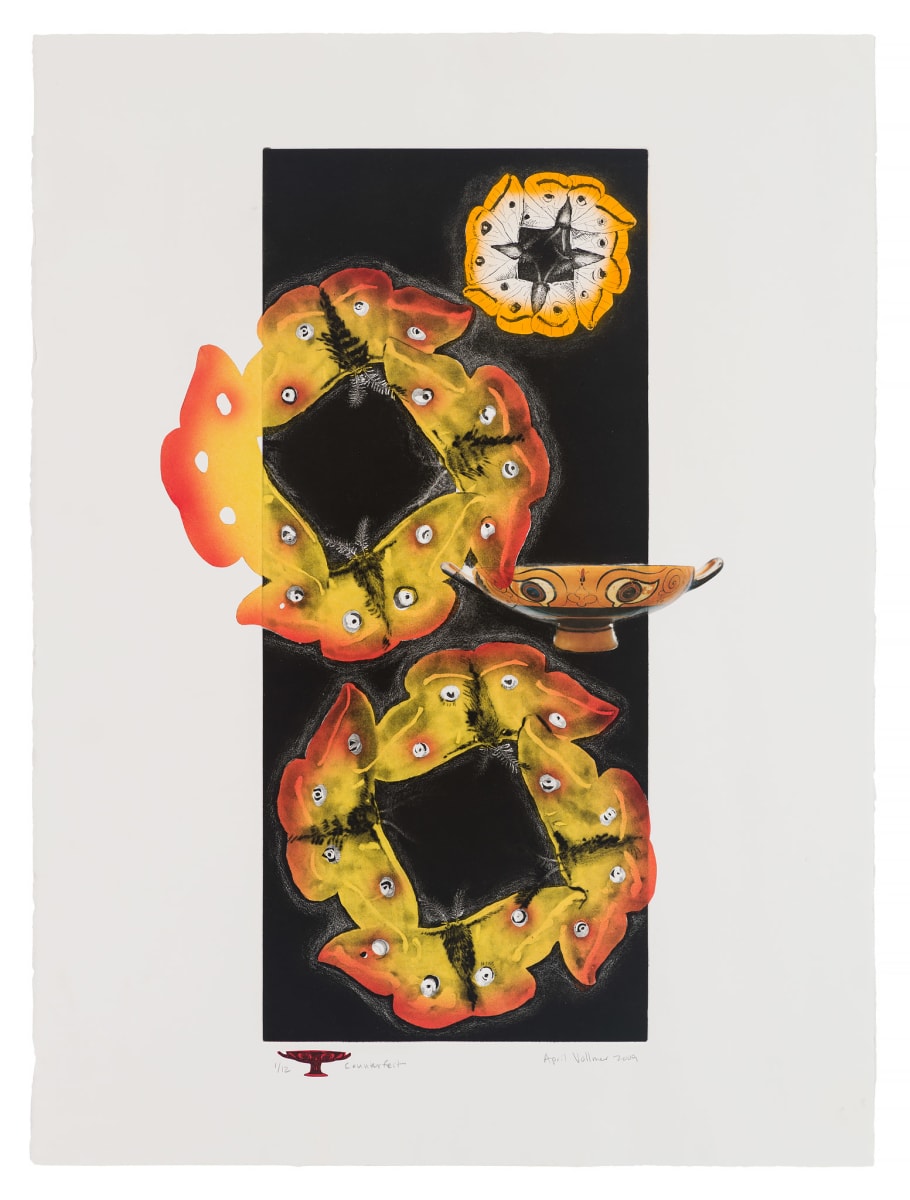 Counterfeit (ed 12) by April Vollmer  Image: Counterfeit, moths with eyespots, chine colle etching