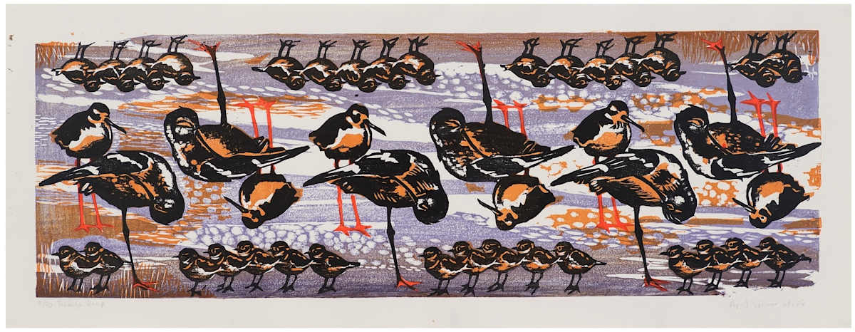 Bodega Peep (ed 20) by April Vollmer  Image: birds from Bodega Bay, "peep" is generic for small shorebirds; image was transferred from computer to wood blocks for cutting