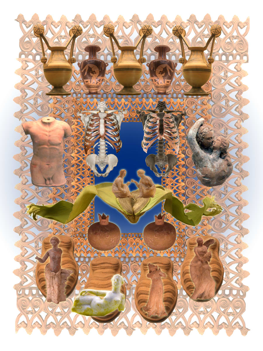 Goddesses and Slaves Series: Dice by April Vollmer  Image: Roman ceramics and votive body parts, women throwing dice