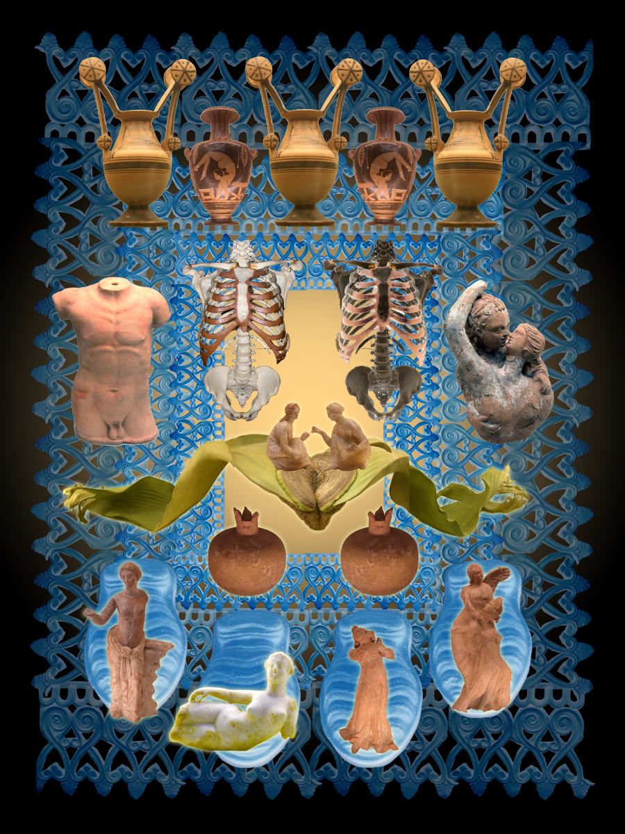 Goddesses and Slaves Series: Dice (black) by April Vollmer  Image: Roman ceramics and votive body parts, women throwing dice