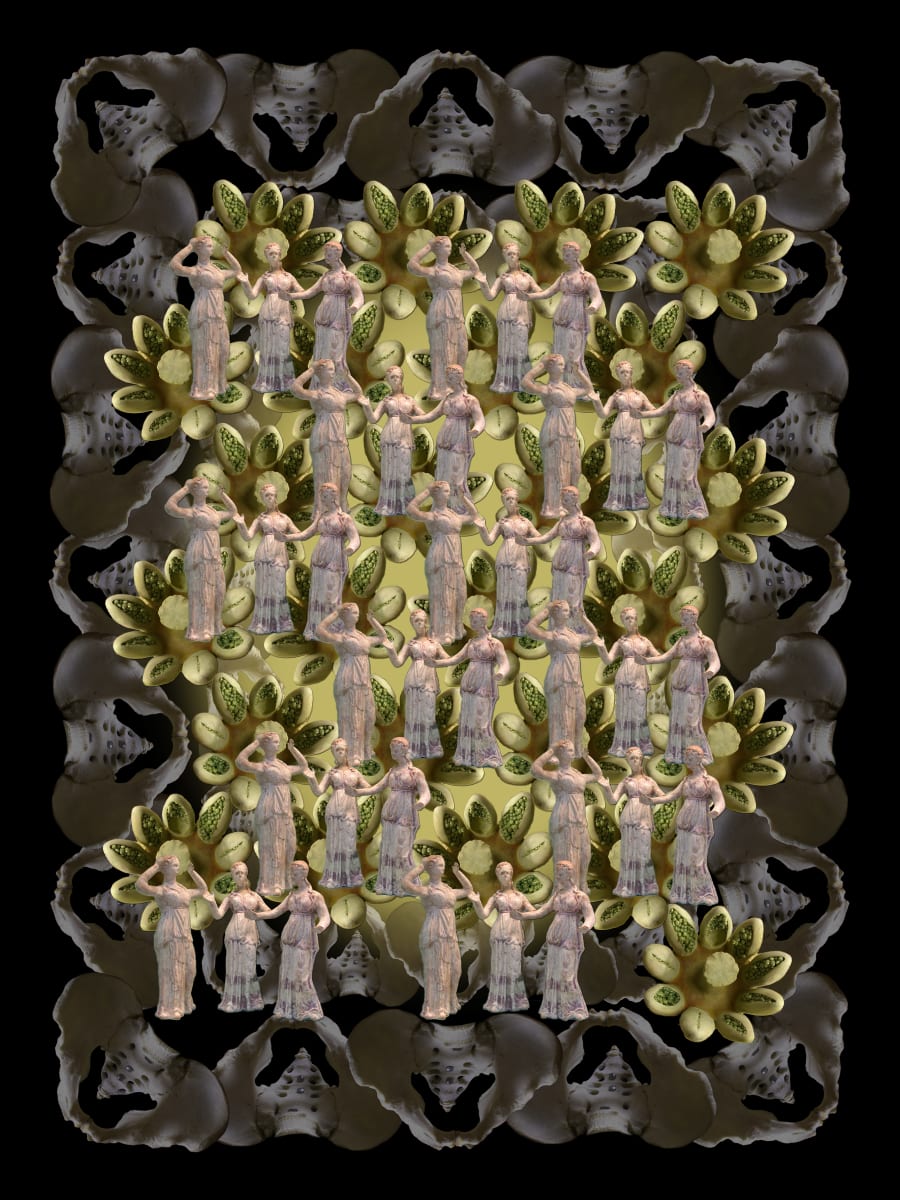 Goddesses and Slaves Series: Three Graces (black) by April Vollmer  Image: three goddesses, graces, fates...repeated with inverted pelvis bones and flowers
