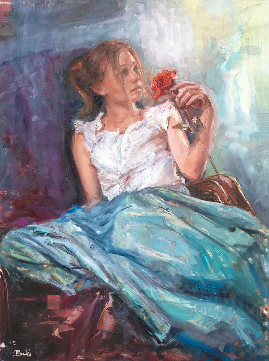 Receiving Clarity by BTA    Beki Tobiasson  Image: In the hustle and bustle of life, amidst the cacophony of daily routines and obligations, there lies a serene oasis of tranquility waiting to be discovered. "Receiving Clarity" invites us to pause, to step back from the relentless rush of existence, and to embrace the beauty of stillness.
At the heart of this painting, a canvas alive with vibrant strokes and gentle hues, relaxes a woman in quiet contemplation. A solitary figure, holding a single  rose, a reminder of the simple joys that await us when we take the time to pause and appreciate the world around us.
In this moment of stillness, the figure is bathed in gentle light,  warmth illuminating her path to clarity. With quiet introspection, the figure embraces the power of mindfulness, allowing thoughts to drift and wander freely. In this state of receptivity, the mind becomes a fertile ground for inspiration, and insights emerge like hidden treasures waiting to be unearthed.
"Receiving Clarity" reminds us that clarity is not found in the chaos of the world, but in the quiet spaces within ourselves. It beckons us to release the burdens of the mind, to let go of worries and distractions, and to simply be present in the moment. For it is in this state of presence that we discover the true richness of life, and the clarity that comes from embracing the stillness within.

