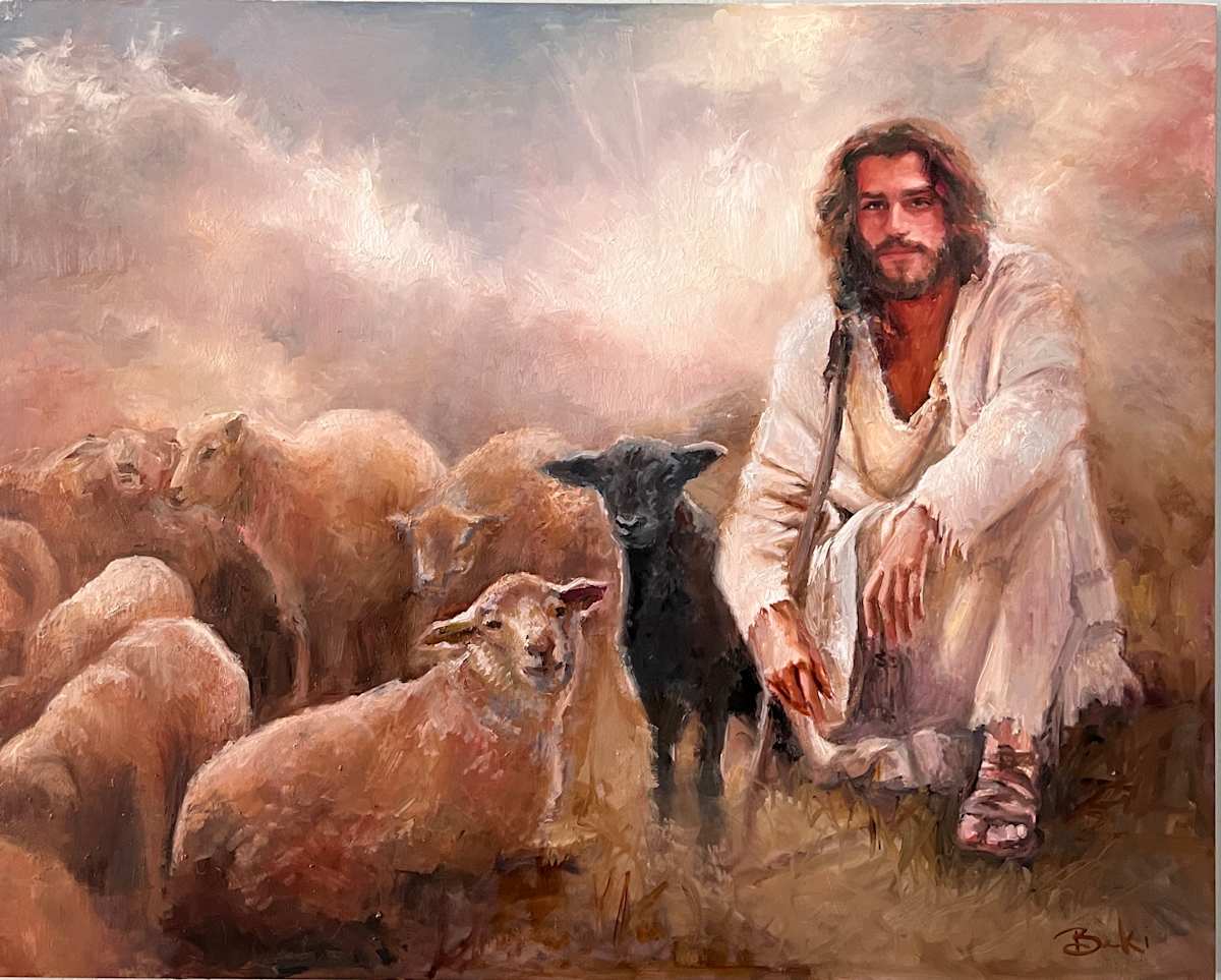 Valued by Beki Tobiasson  Image: Valued
Historically, black sheep did not have value due to the inability to dye their wool. We each struggle to find where our value lies in this world. In this painting, the black sheep represents each of us in our moments of self-doubt and our search to discover our own value.
Jesus Christ is the source of truth and light. Through the healing power of His Atonement, we can find our innate value and know our true worth. He knows why we were given certain flaws or trials to go through, he knows our path and where it will lead us. 
It is through His love that we are found, and come to understand who we really are.
May we be like this black sheep, turning to our Savior to discover who we are.  May we also be like the white sheep, proudly sitting by, seeing the value in others before they discover it in themselves. 
We are all valued. 
