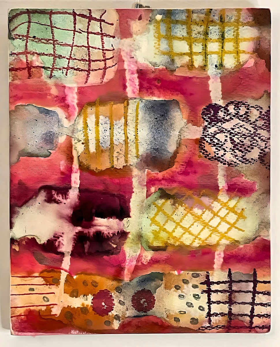 Patchwork by Jeanne Connolly  Image: In this abstract composition, Jeanne M. Connolly layers water-soluble media to explore the interaction of color, gesture, and form. Grids, dots, and organic marks emerge from rich washes of pigment, creating a sense of rhythm and tension. The result is a vibrant, intuitive work that invites close viewing and emotional resonance through its spontaneous material play.
