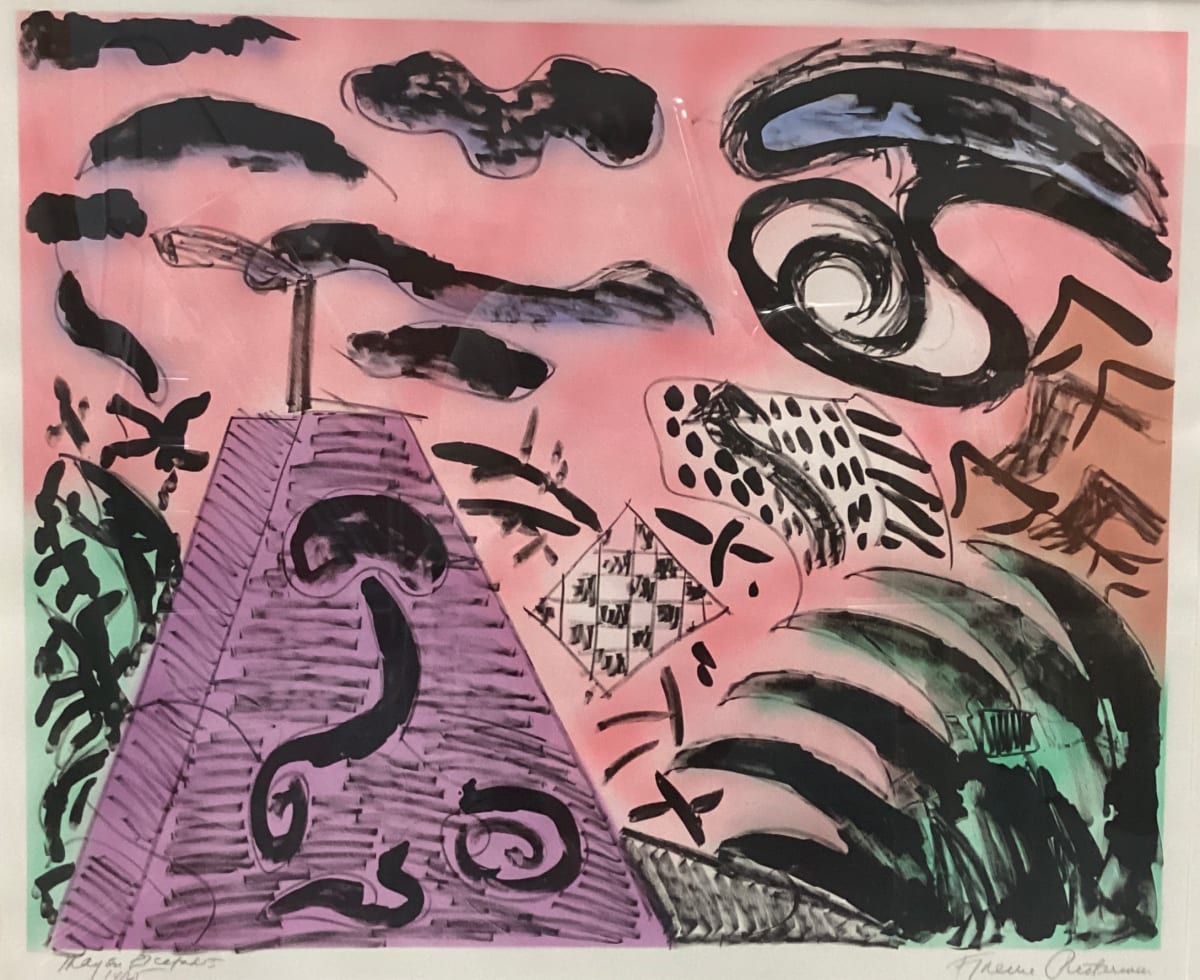 Mayan Escapade I by Florence Putterman  Image: One in a series of monotypes based on the ancient petroglyphs of the Anasazi, pre-Columbian Native Americans who lived in the Four Corners area of the Southwest United States.
Florence Putterman, who earned a master's degree from The Pennsylvania State University and who also is a graduate of New York and Bucknell universities, was awarded a National Endowment for the Arts grant to create the large-scale, on-site monotypes.