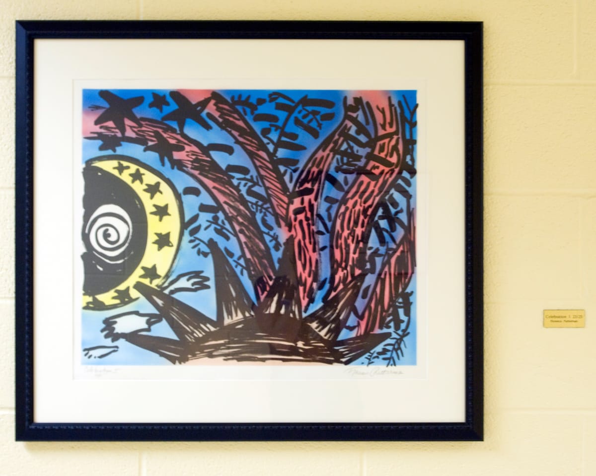 Celebration I by Florence Putterman  Image: One in a series of monotypes based on the ancient petroglyphs of the Anasazi, pre-Columbian Native Americans who lived in the Four Corners area of the Southwest United States.
Florence Putterman, who earned a master's degree from The Pennsylvania State University and who also is a graduate of New York and Bucknell universities, was awarded a National Endowment for the Arts grant to create the large-scale, on-site monotypes.