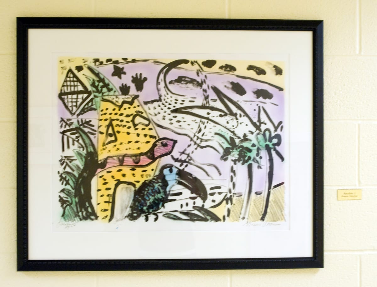 Paradisio I by Florence Putterman  Image: One in a series of monotypes based on the ancient petroglyphs of the Anasazi, pre-Columbian Native Americans who lived in the Four Corners area of the Southwest United States.
Florence Putterman, who earned a master's degree from The Pennsylvania State University and who also is a graduate of New York and Bucknell universities, was awarded a National Endowment for the Arts grant to create the large-scale, on-site monotypes.