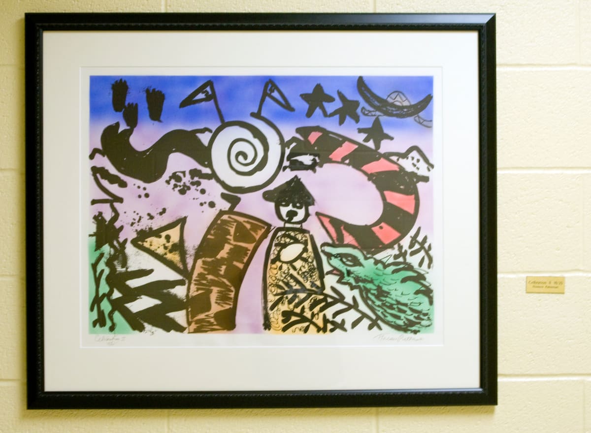 Celebration II by Florence Putterman  Image: One in a series of monotypes based on the ancient petroglyphs of the Anasazi, pre-Columbian Native Americans who lived in the Four Corners area of the Southwest United States.
Florence Putterman, who earned a master's degree from The Pennsylvania State University and who also is a graduate of New York and Bucknell universities, was awarded a National Endowment for the Arts grant to create the large-scale, on-site monotypes.