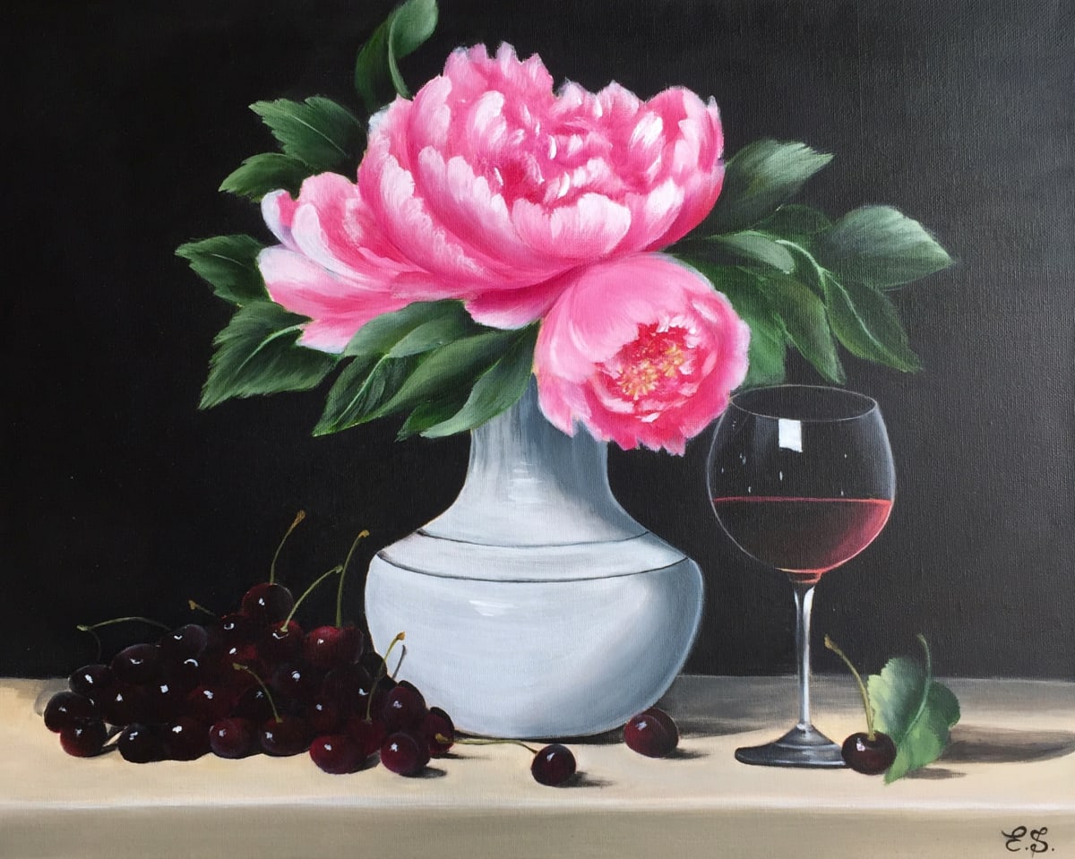 Cherries and Peonies by Edita Sarukhanyan  Image: Acrylic on canvas 50 x 40 cm