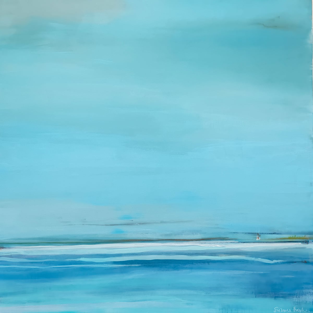 Solace by Suzanne Hughes  Image: Solace is an original abstract seascape from the Salt Light collection, painted in soft, expansive blues that evoke the calm of an open shoreline. Gentle transitions of color move across the canvas like drifting light over water, creating a peaceful, minimalist horizon. This piece embodies quiet reflection and spacious ease.
Ideal for collectors of modern coastal décor, serene wall art, and atmospheric abstract painting, Solace brings a soothing, airy presence to any room.