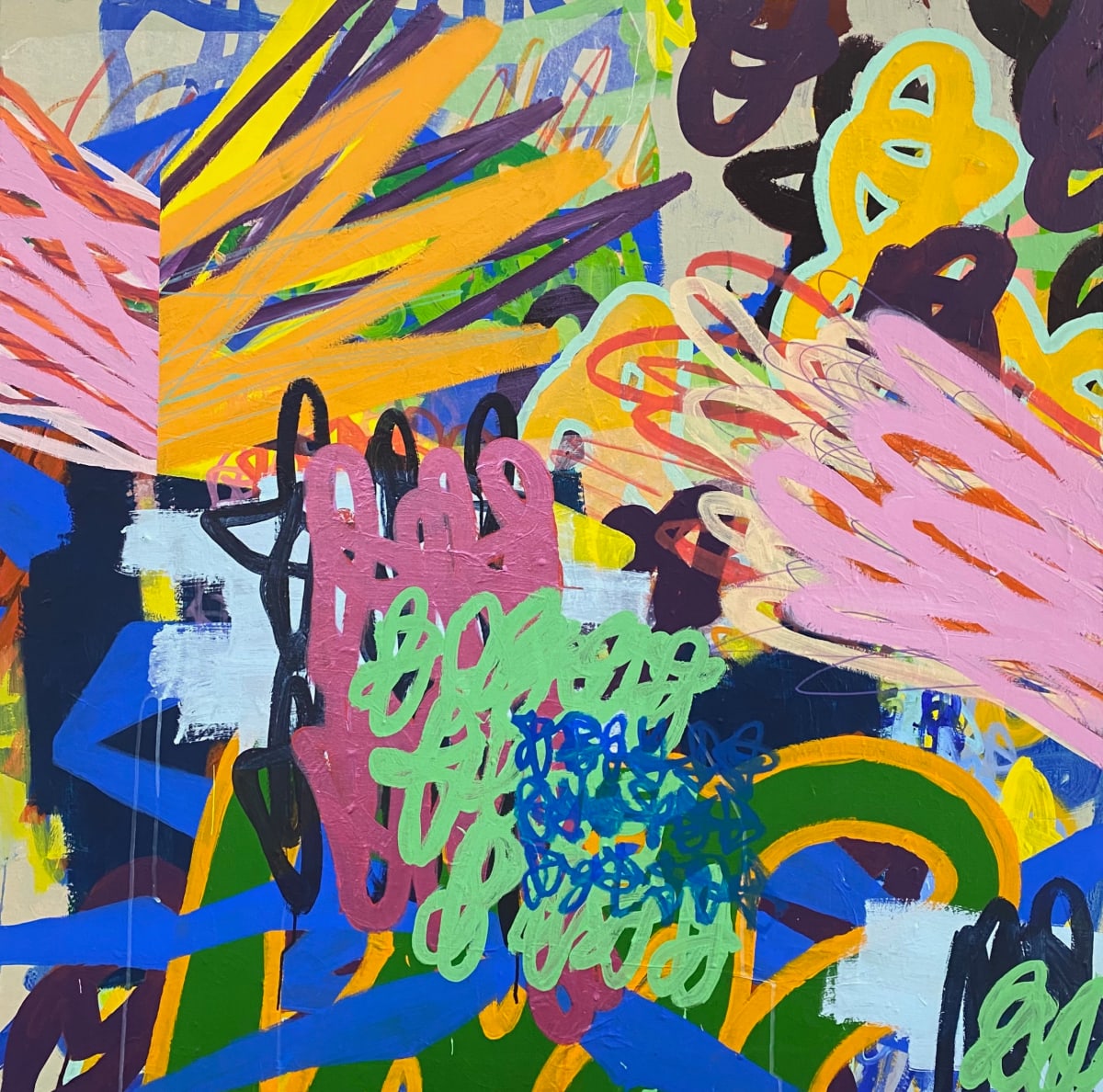 The Roar Between Two Beats by Tim McFarlane  Image: The Roar Between Two Beats • 2023 • acrylic, acrylic marker, vinyl paint, collage on canvas • 48" x 48"