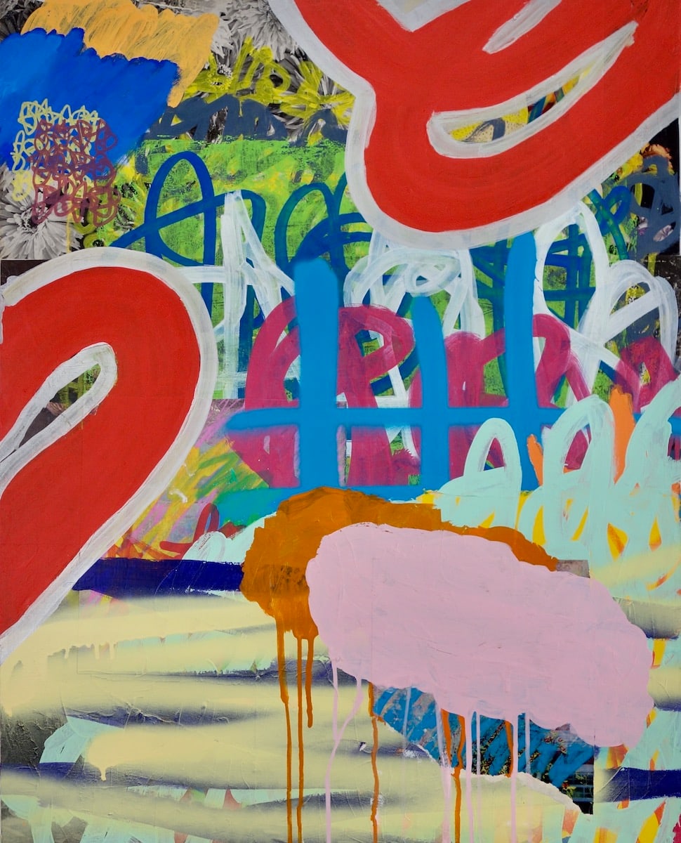 Freeze Tag (Daydream Stasis) by Tim McFarlane  Image: Freeze Tag (Daydream Stasis), 2022, acrylic, acrylic marker, collage, vinyl paint, spray paint on panel, 30" x 24"