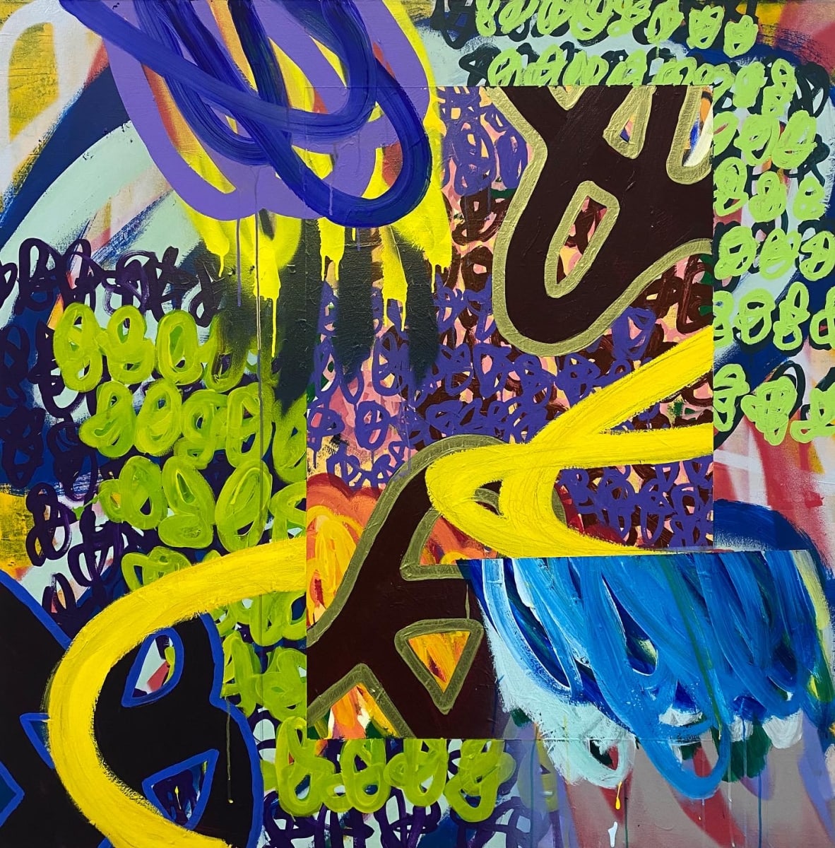 One Way Out by Tim McFarlane  Image: One Way Out, 2022, acrylic, spray paint, colored pencil on canvas, 48" x 48"