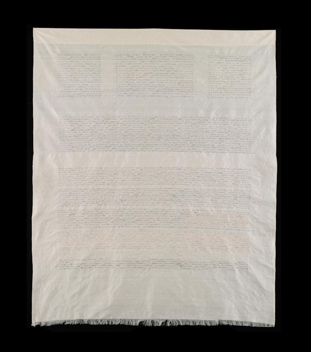 Documentation 9/11 by Masako Takahashi  Image: This piece took months to make; the "writing" became jagged and slanted and mixed with red on 9/11/2001 when the NYC Twin Towers in NYC were bombed.