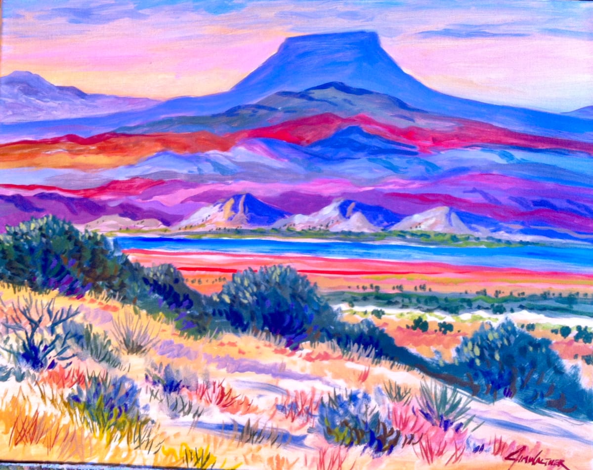 Cerro Pedernal by Jim Walther  Image: A painting of the iconic mountain over past Abiqui Lake near Ghost Ranch