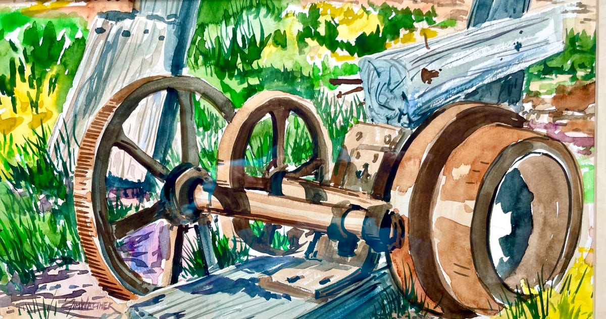 Destiny's Generator by Jim Walther  Image: This is the old antique aeromotor gearset from the windmill at McDonald ranch house, Trinity site