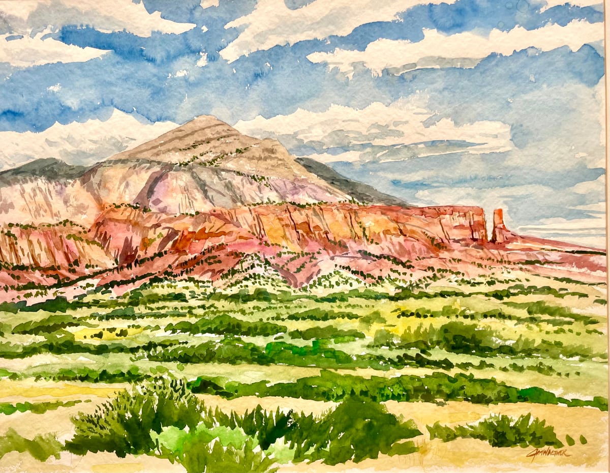 Ghost Ranch, Series #1 by Jim Walther  Image: One of my early visits to this beautiful place included a wonderful opportunity to paint plein aire there. Here is a view of Ghost Ranch from across the road heading north.