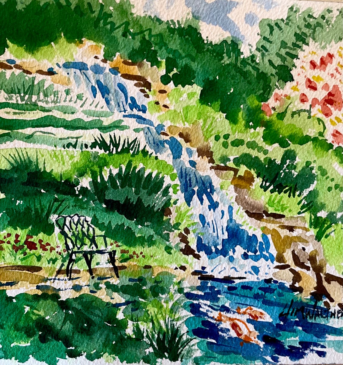 Garden View at the Bradshaws by Jim Walther  Image: A painting done on location for our dear friends Bill and Dee Bradshaw of their beautiful mountaintop garden in Greenville SC.