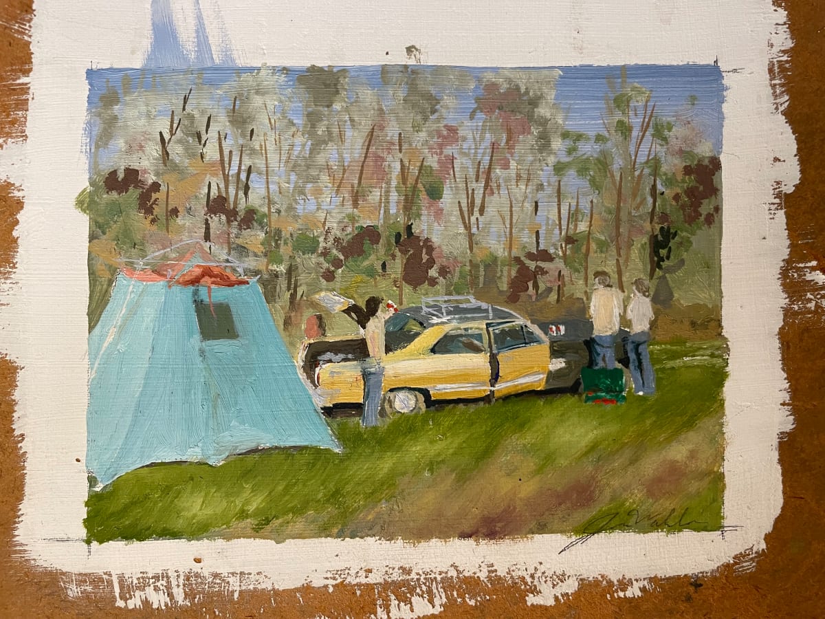 The Motocross Camping Trip by Jim Walther  Image: An attempt at photorealism, painted from a photograph of friends at a Motocross event at Appalachia Lake Track in northern WV.
