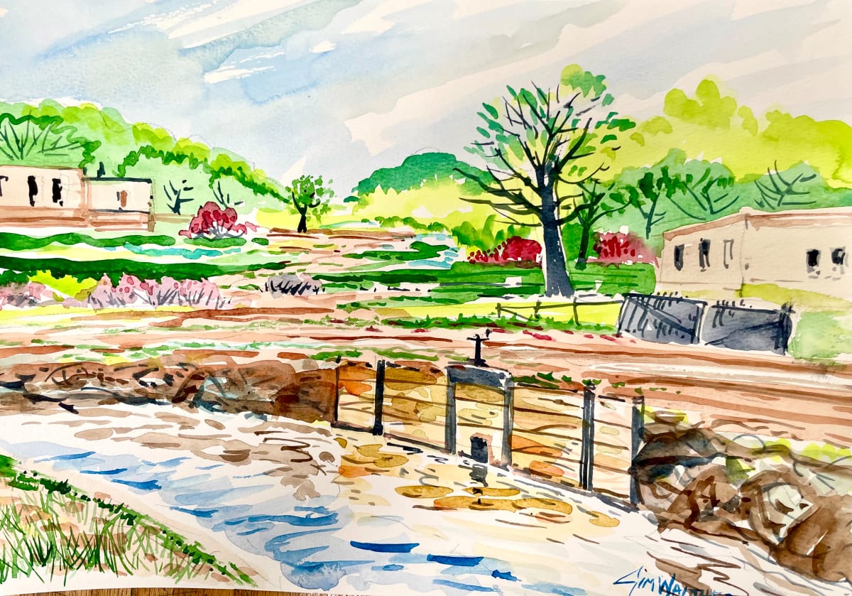 The Watergate by Jim Walther  Image: Painted Plein air in Albuquerque's north valley during spring as the acecias are full irrigating new fields.