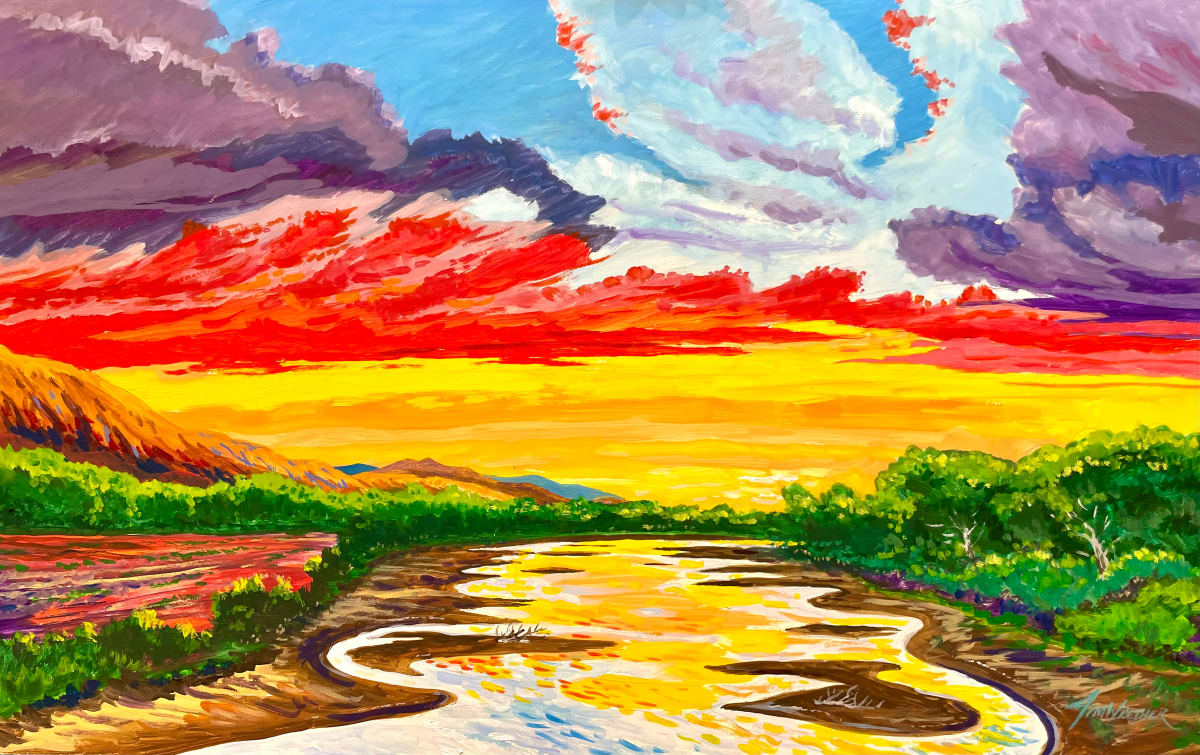 Beauty and the Bosque by Jim Walther  Image: A favorite subject, the Rio Grande forest in Albuquerque called the "bosque", the river meanders through it with the Sandia Mountains to the side.
