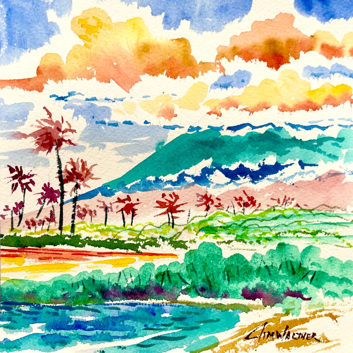 Looking Upcountry on Maui by Jim Walther  Image: I Painted this nice small piece on location in Lahina Village on Maui on my very first visit to the island. Tragically, the whole town was destroyed by fire only one month later at great loss of life and cultural property.