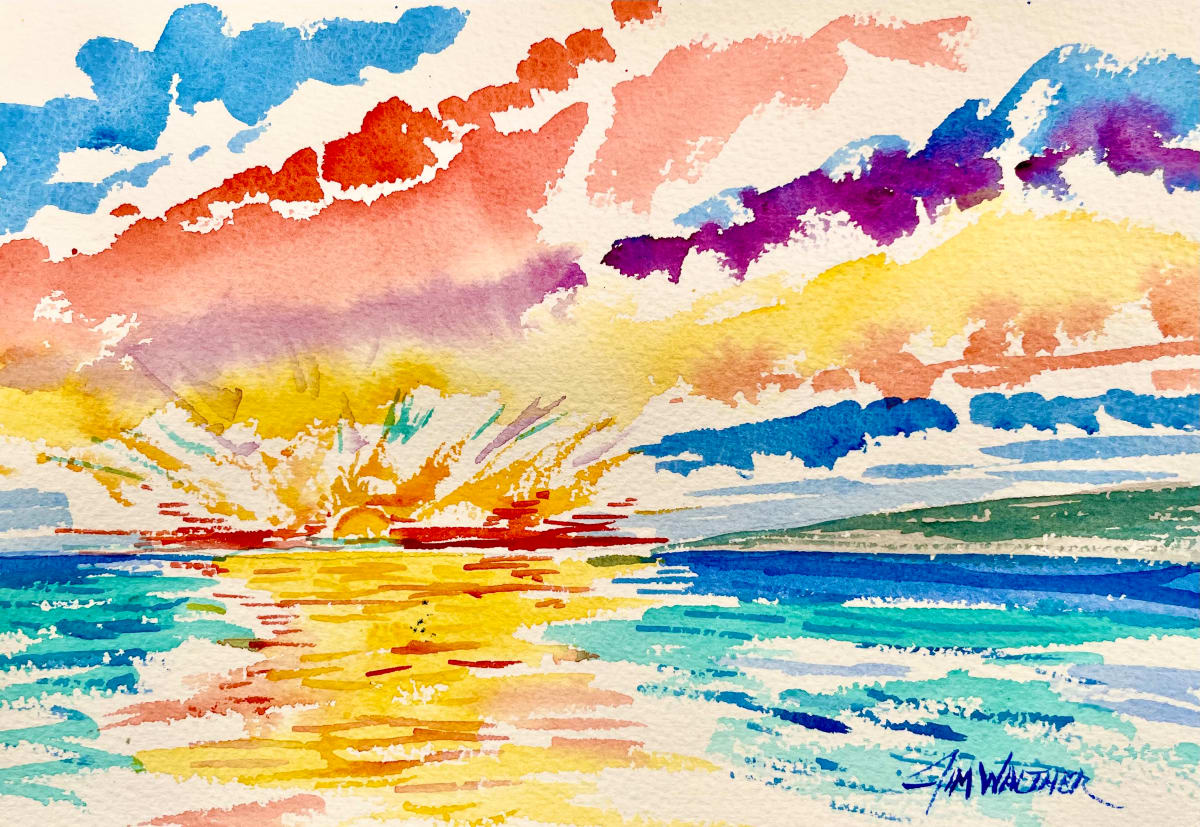 Sunset from Lahina Beach by Jim Walther  Image: Painted on location in a little bar in Lahina, looking out over the water as the sun set. Alass, that place is no more after the devastating fires in Lahina in August.