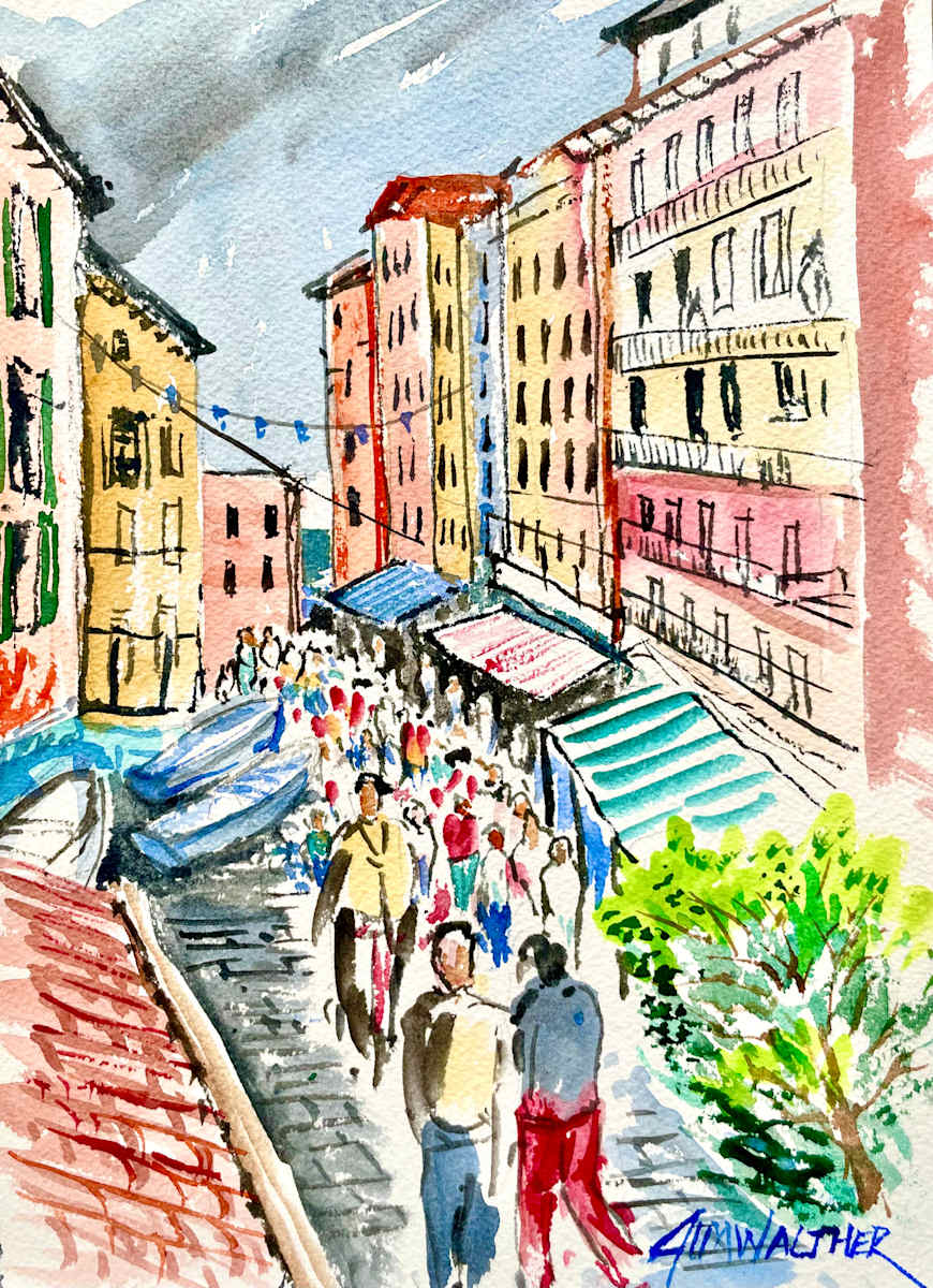 Late Fall Crowd by Jim Walther  Image: This Plein Air piece was done on the tiny street in the village of Manarole one of the towns in Italy's famous Cinque Terre region. Busy day even late in the season.