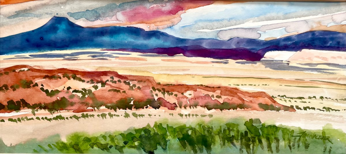Cerro Pedernal by Jim Walther  Image: I painted this watercolor on my first visit and stay at Ghost Ranch. The sun had set, it was getting dark and I scrambled up a hill behind the house that Georgia lived in to paint this view.