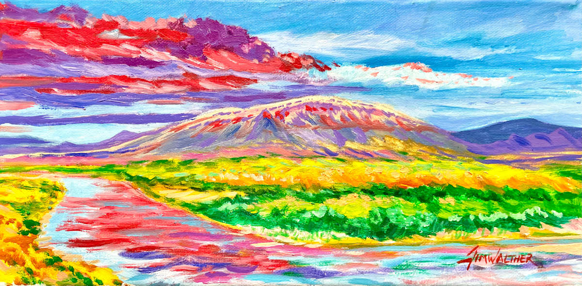 Sandia Intensity by Jim Walther  Image: This small vibrant landscape painting depicts the beautiful Sandia Mountain as sunset approaches in the evening each day.  In Albuquerque we are blessed each day with this scene, often very different but always so inspiring. The Rio Grande reflects the clouds near the mountain in this painting.